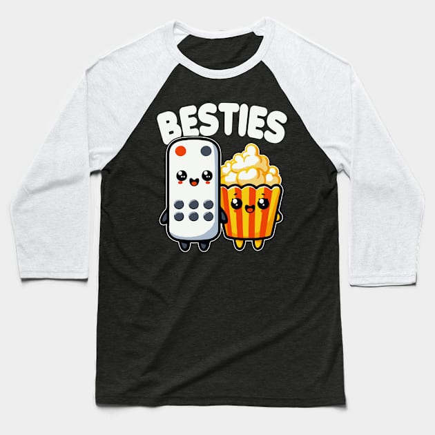 Popcorn And Remote Control Besties Funny Movie Baseball T-Shirt by valiantbrotha